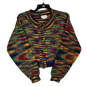 Vtg 90s FBE Rainbow Striped Chunky Knit Cardigan Medium M Cropped Kidcore Retro